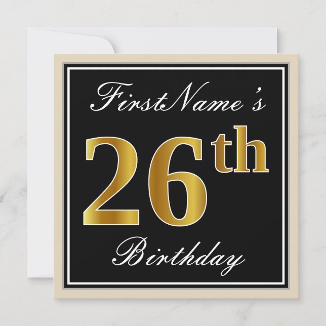 Convites Elegante, Preto, Falso Dourado Aniversário de 26 a (Frente)