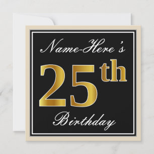 Convites Elegante, Preto, Faux Dourado 25 Aniversário + Nom