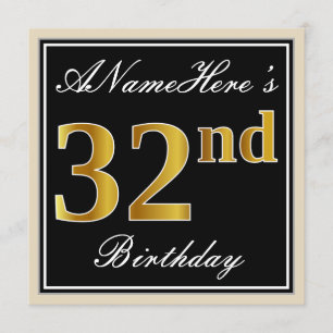 Convites Elegante, Preto, Faux Dourado 32º Aniversário + No