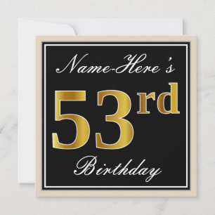 Convites Elegante, Preto, Faux Dourado 53º Aniversário +