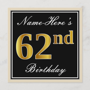 Convites Elegante, Preto, Faux Dourado 62º Aniversário + No