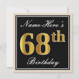 Convites Elegante, Preto, Faux Dourado 68º Aniversário + No