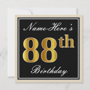 Convites Elegante, Preto, Faux Dourado 88º Aniversário + No