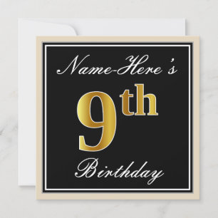 Convites Elegante, Preto, Faux Dourado 9º Aniversário + N