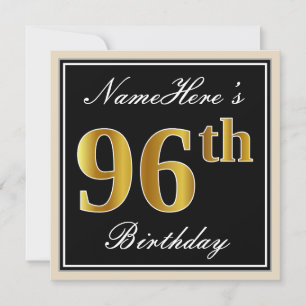 Convites Elegante, Preto, Faux Dourado 96º Aniversário + No
