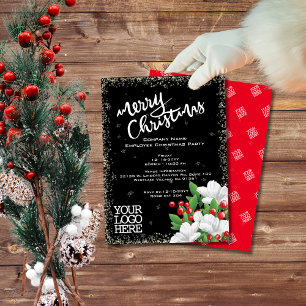 Convites Elegante Preto  Floral de Bagas de Neve Natal Bran