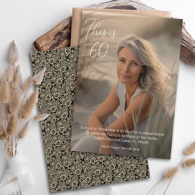 Convites Elegante Preto Floral Sem Branco Foto 60 Aniversár (Criador carregado)