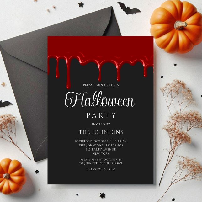 Convites Elegante Preto Gótico Sangue Derramando Halloween (Elegant Black Gothic Blood Dripping Halloween Invitation)