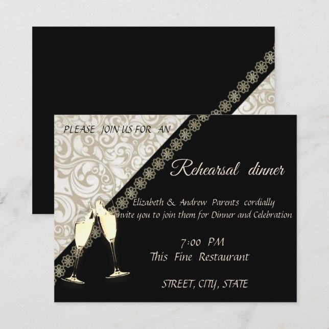Convites Elegante preto, jantar de ensaio de casamento em d (Frente/Verso)