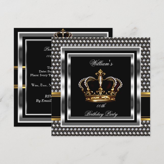 Convites Elegante Preto Prata Aniversário Príncipe Rei Home (Frente/Verso)