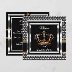 Convites Elegante Preto Prata Aniversário Príncipe Rei Home