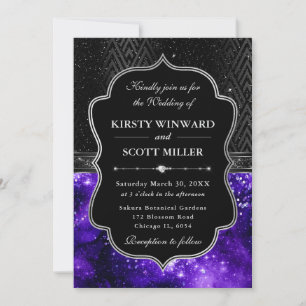 Convites Elegante Preto Prata Roxo Galáxia Brilho Casamento