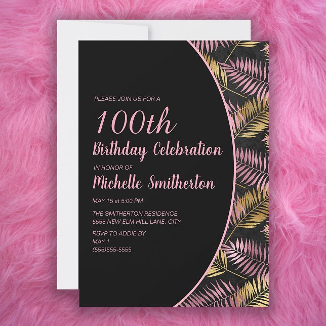 Convites Elegante Preto Rosa Dourado 100º Aniversário (Criador carregado)