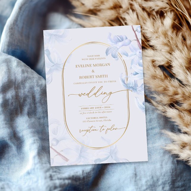 Convites Elegante primavera azul de aquarela dourado (Elegant Watercolor spring blue hyacinth gold Invitation)