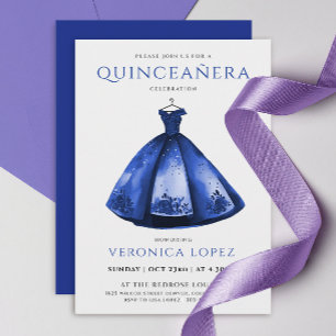 Convites Elegante Princesa Azul Vestido Quinceañera Aquarel
