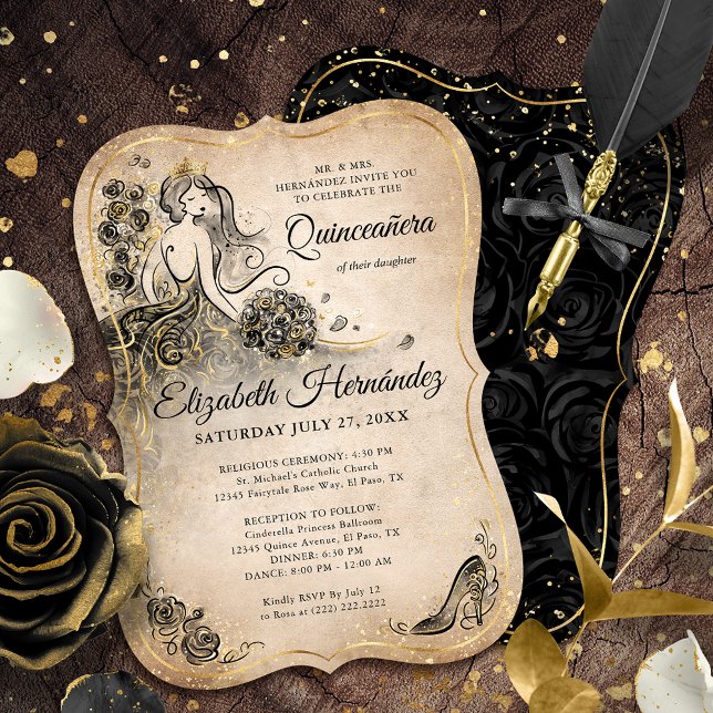 Convites Elegante Princesa Dourada Quinceanera Birthday (Unique, elegant black and gold princess quinceanera invitations on an easy DIY template.)