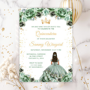 Convites Elegante Princesa Floral em Verde Sage Quinceañera