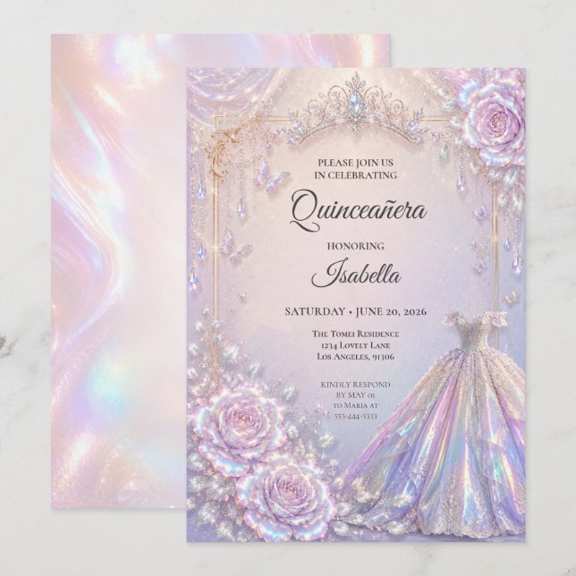 Convites Elegante Princesa Iridescente Quinceañera (Frente/Verso)