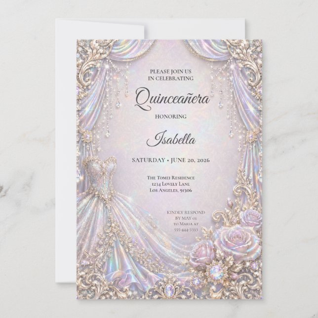 Convites Elegante Princesa Iridescente Quinceañera (Frente)