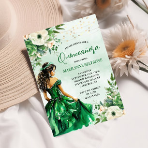 Convites Elegante Princesa Quinceañera Floral Verde