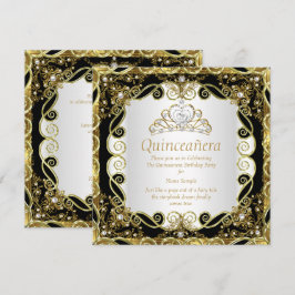 Convites Elegante Princesa Quinceanera Pérola Dourada Preta