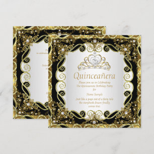 Convites Elegante Princesa Quinceanera Pérola Dourada Preta