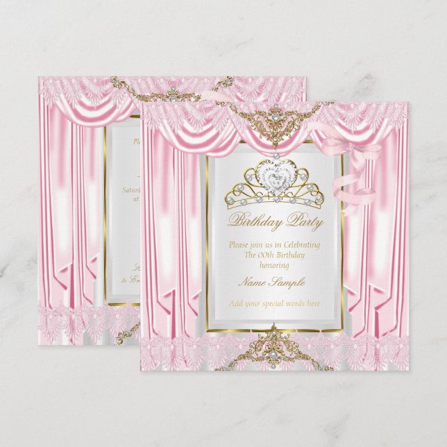Convites Elegante Princesa Rosa Dourado Branco Festa de Ani (Frente/Verso)