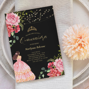 Convites Elegante Princesa Rosa Floral Quinceañera