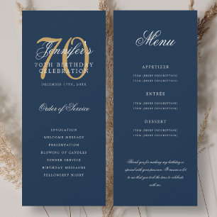 Convites Elegante Programa de 70º Ouro Azul Marinho Menu+Ag