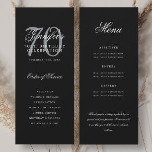 Convites Elegante Programa de 70º Preto Prata Menu+Agradeci