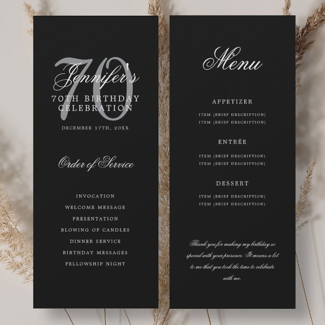 Convites Elegante Programa de 70º Preto Prata Menu+Agradeci (Elegant 70th Program Black Silver Menu+Thank You)