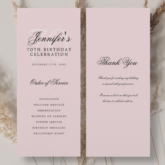 Convites Elegante Programa de Aniversário do 70, Rosa Esmag (Elegant 70th Birthday Program Blush Pink Thank You)