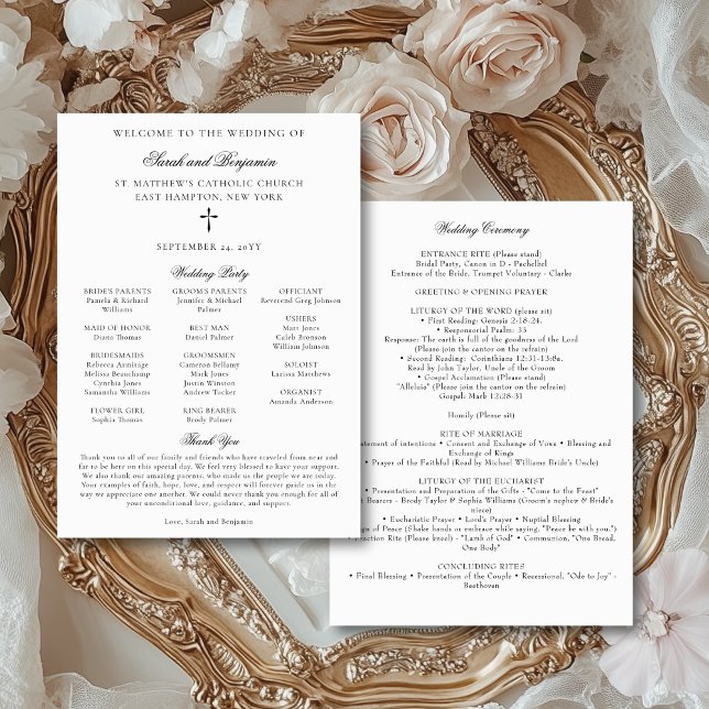 Convites Elegante Programa de Massas Casernas Católicas par (This elegant, downloadable Catholic wedding program features the text for a full nuptial Mass.)