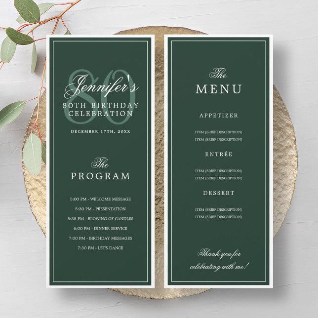 Convites Elegante programa de menu de festa de 80 anos verd (Elegant 80th Birthday Party Program Menu Green )
