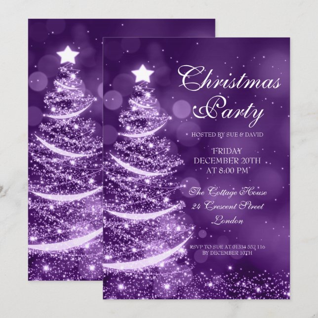 Convites Elegante Purple Christmas Party Sparkle (Frente/Verso)