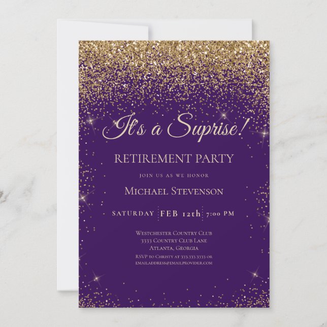 Convites Elegante Purple Dourado Surprise Retirement Party (Frente)