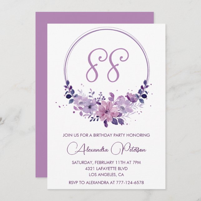 Convites Elegante Purple Floral 88 anos (Frente/Verso)