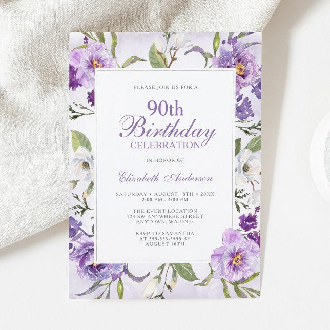 Convites Elegante Purple Floral Botânica 90 Aniversário (Criador carregado)