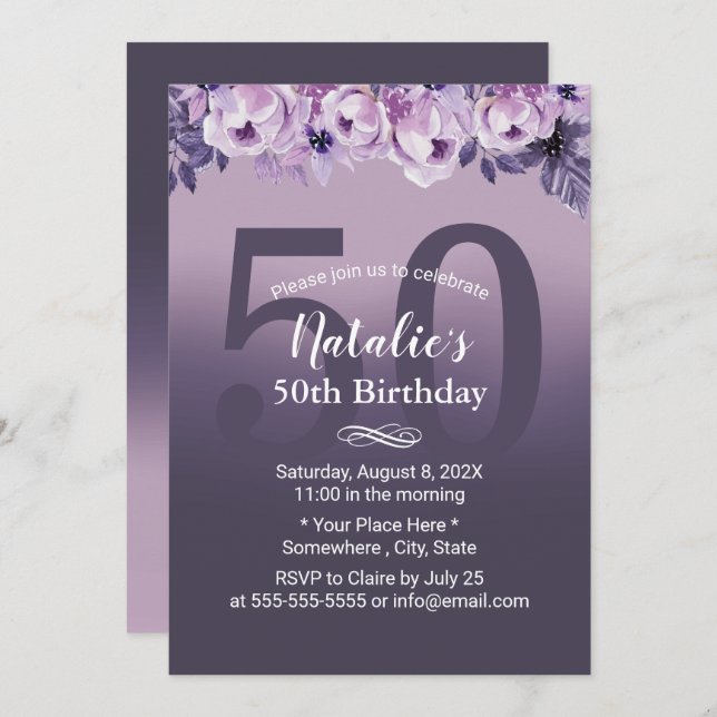 Convites Elegante Purple Floral Girl 50th Festa de aniversá (Frente/Verso)