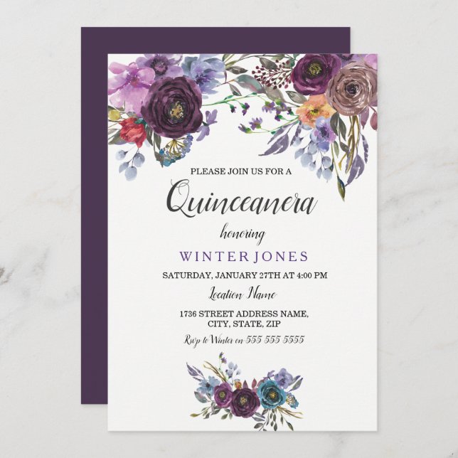 Convites Elegante Purple Floral Winter Quinceanera Invite (Frente/Verso)