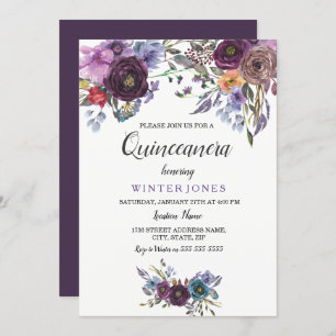 Convites Elegante Purple Floral Winter Quinceanera Invite