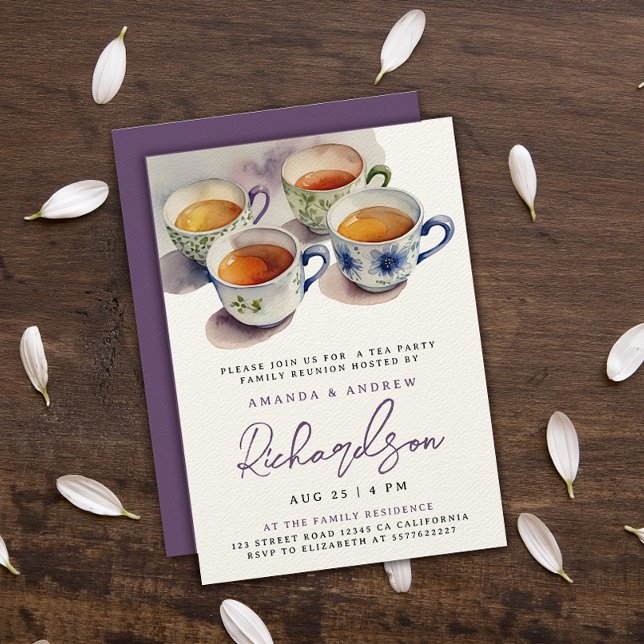 Convites Elegante Purple Script Tea Party Reunion Watercolo (Criador carregado)