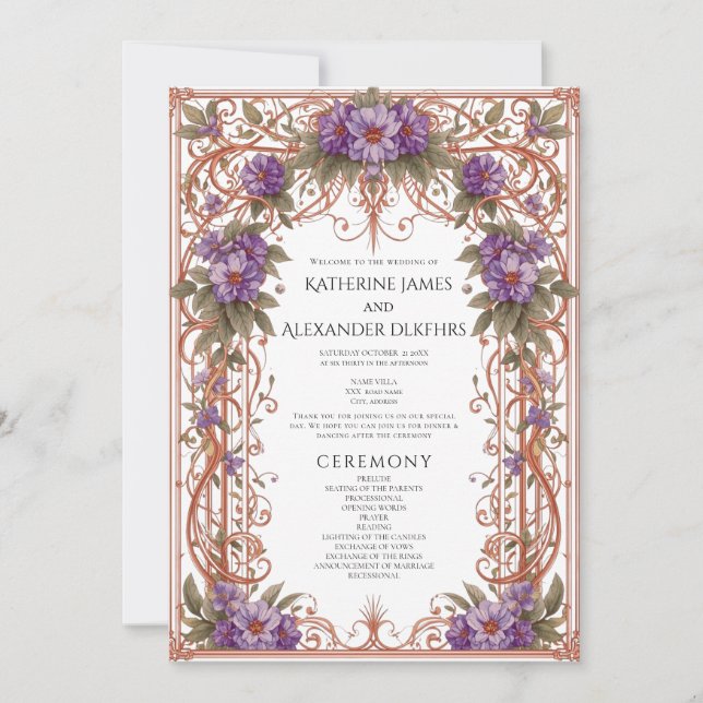 Convites Elegante Purple Vintage Floral Weding Program (Frente)