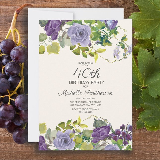 Convites Elegante Purple Watercolor aniversário de 40 anos  (Elegant purple watercolor floral 40th birthday party invitation for women)