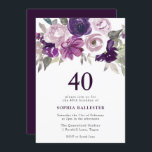 Convites Elegante Purple Watercolor aniversário de 40 anos<br><div class="desc">Convite para aniversário de 40 anos Floral de Aquarela Puro Elegante Ver coleção correspondente em Niche e Nest Store</div>