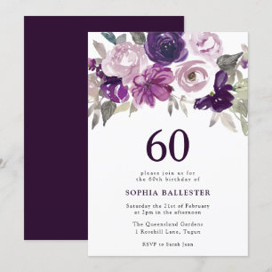 Convites Elegante Purple Watercolor Floral 60º Aniversário