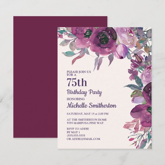 Convites Elegante Purple Watercolor Floral 75º Aniversário (Frente/Verso)