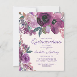 Convites Elegante Purple Watercolor Floral Quinceañera 15