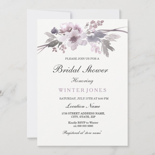 Convites Elegante Purple Winter Floral Chá de panela Invite (Frente)