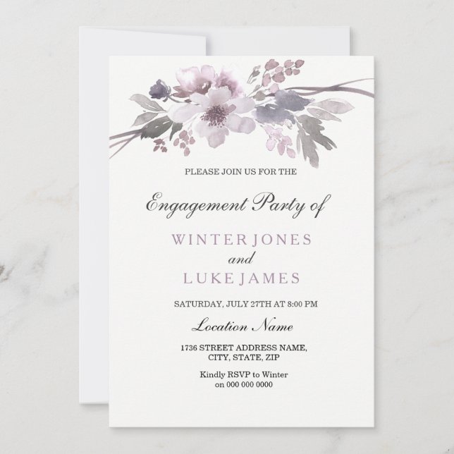Convites Elegante Purple Winter Floral Noivado Invite (Frente)